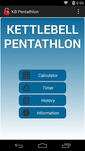 KB Pentathlon, an Android app from 2014, showing a calculator, timer, history and information menu